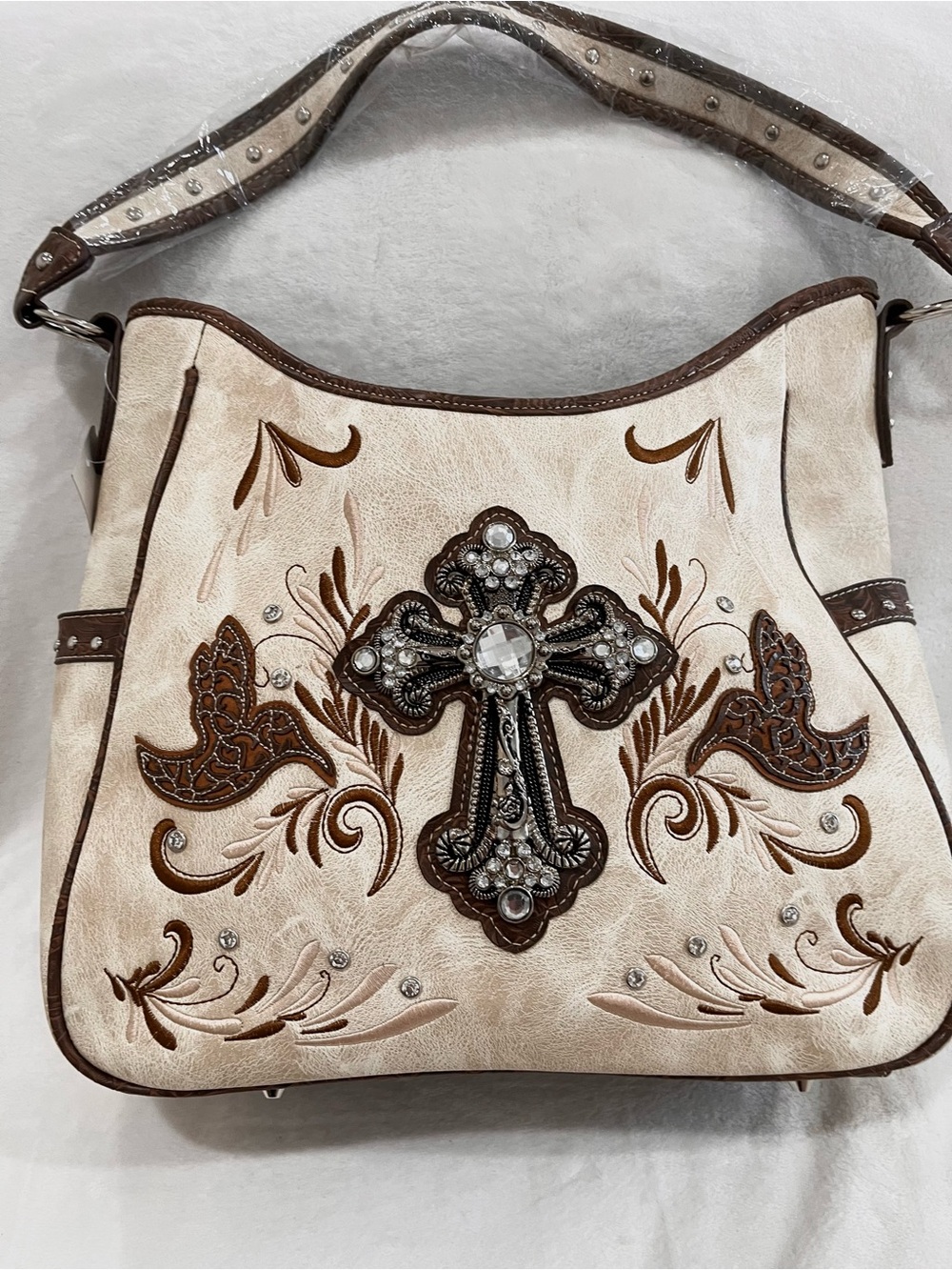 Western XL Crossbody Bag w/ Rhinestone Cross & Embossed Trim NEW